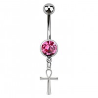 Pink Strass Ankh Pendant 316L Steel Belly Button Ring