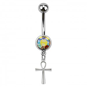 Rainbow Strass Ankh Pendant 316L Steel Belly Button Ring
