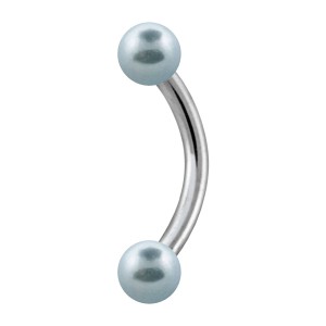 Two Light Blue Fake Pearls 316L Steel Curved Bar Eyebrow Ring