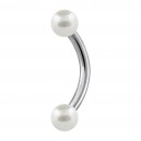 Two Pure White Fake Pearls 316L Steel Curved Bar Eyebrow Ring