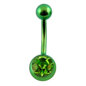 Green Anodized Grade 23 Titanium Belly Bar Navel Button Ring w/ Green Strass