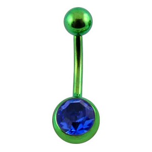 Green Anodized Grade 23 Titanium Belly Bar Navel Button Ring w/ Blue Strass