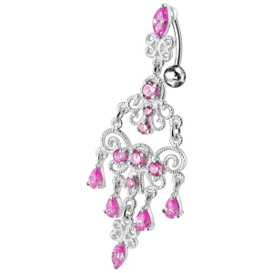 Piercing Nombril Argent 925 Chandelier Oriental Strass Roses Clairs