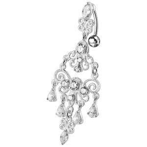 White Strass Oriental Candlestick 925 Silver & 316L Steel Belly Ring