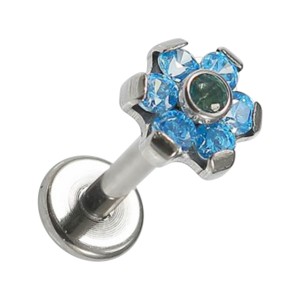 Blue 7 Strass Flower Internal Thread G23 Titanium Lip Stud Ring