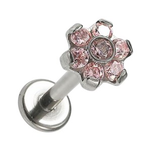 Labret-Piercing Innengewinde Titan 23G Blume 7 Strass Rosa