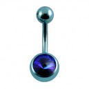 Light Blue Anodized Grade 23 Titanium Belly Bar Navel Button Ring w/ Intense Purple Strass