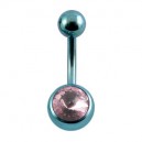 Light Blue Anodized Grade 23 Titanium Belly Bar Navel Button Ring w/ Light Pink Strass