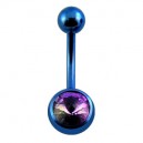Dark Blue Anodized Grade 23 Titanium Belly Bar Navel Button Ring w/ Purple Strass