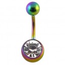 Rainbow Anodized 316L Steel Belly Bar Navel Button Ring w/ White Strass