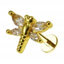 Knorpel-Piercing Stahl 316L Libelle 4 Wei&szlig;e Strass Golden