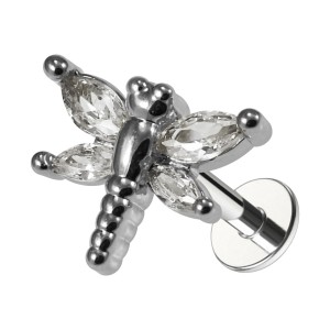 Knorpel-Piercing Stahl 316L Libelle 4 Weiße Strass Metallisiert