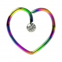 Rainbow Anodized Heart 316L Steel Daith Ring w/ White Strass
