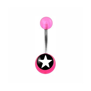 Transparent Pink Acrylic Belly Bar Navel Button Ring w/ White Star