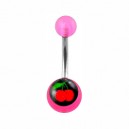 Transparent Pink Acrylic Belly Bar Navel Button Ring w/ Cherries