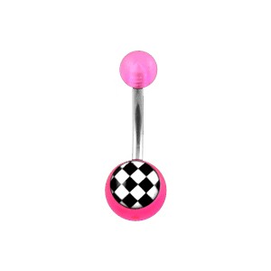 Transparent Pink Acrylic Belly Bar Navel Button Ring w/ Checkerboard