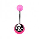 Transparent Pink Acrylic Belly Bar Navel Button Ring w/ White Skull
