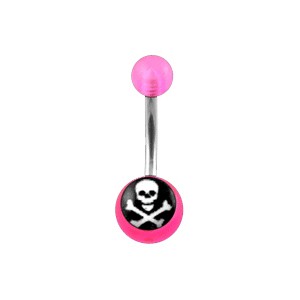 Transparent Pink Acrylic Belly Bar Navel Button Ring w/ White Skull