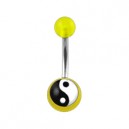 Transparent Yellow Acrylic Belly Bar Navel Button Ring w/ Yin and Yang