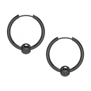Black Moving Ball Hoop 316L Steel Earrings Ear Pair