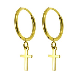 Golden Anodized Dangling Latin Cross Hoop Earrings