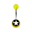 Transparent Yellow Acrylic Belly Bar Navel Button Ring w/ White Star