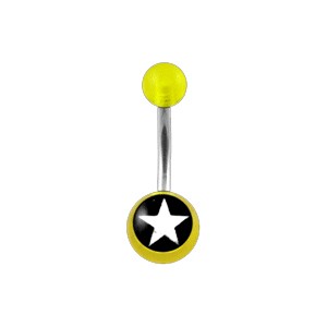 Transparent Yellow Acrylic Belly Bar Navel Button Ring w/ White Star