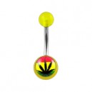 Transparent Yellow Acrylic Belly Bar Navel Button Ring w/ Cannabis