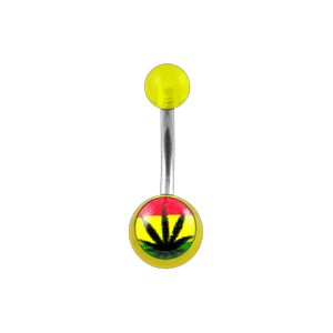 Transparent Yellow Acrylic Belly Bar Navel Button Ring w/ Cannabis