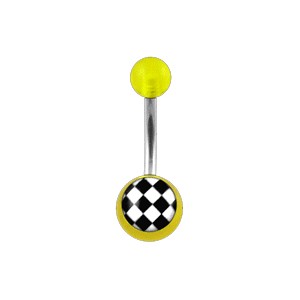 Transparent Yellow Acrylic Belly Bar Navel Button Ring w/ Checkerboard