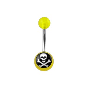 Transparent Yellow Acrylic Belly Bar Navel Button Ring w/ Skull