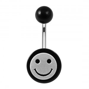 Bauchnabelpiercing Acryl Schwarz Flaches Weißes Relief Smiley