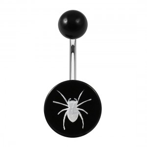 Piercing Ombligo Acrílico Negro Relieve Blanco Plano Araña