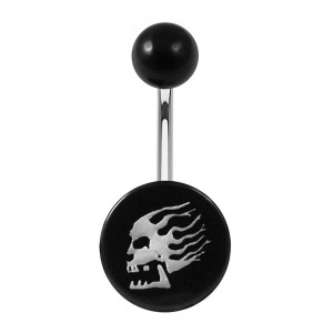 Flames Skull White Flat Relief Black Acrylic Belly Button Ring