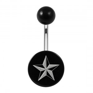 Piercing Ombligo Acrílico Negro Relieve Blanco Plano Estrella Náutica