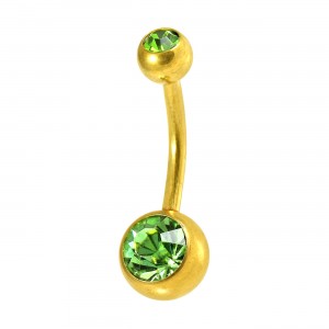 Piercing Nombril Acier 316L Anodisé Doré Deux Strass Verts