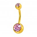 Two Pink Strass Golden Anodized 316L Steel Belly Button Ring