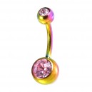 Nombril Acier 316L Anodisé Multicolore Deux Strass Roses