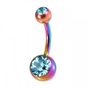 Piercing Nombril Acier 316L Anodisé Multicolore Deux Strass Turquoises