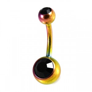 Piercing Nombril Acier 316L Anodisé Multicolore Deux Strass Noirs