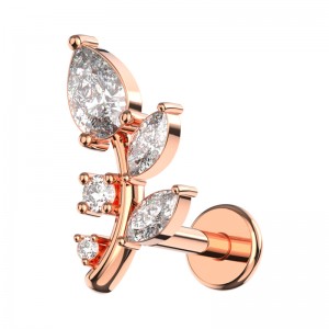 Helix-Piercing Stahl 316L Gold Rosa Zweig 5 Blätter Strass Weiß