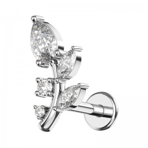 Helix-Piercing Stahl 316L Metallisiert Zweig 5 Blätter Strass Weiß