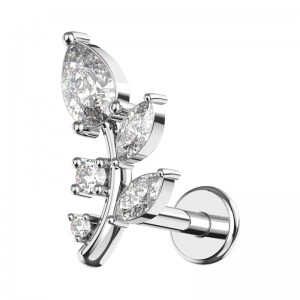 Piercing Hélix Acier 316L Métallisé Branche 5 Feuilles Strass Blancs