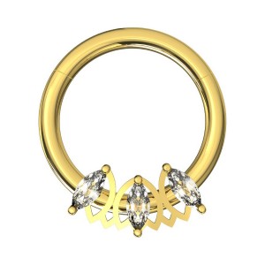 3 White Marquise Strass Golden Anodized Daith Piercing Clicker Ring