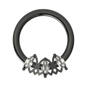 Daith-Piercing Clicker Eloxiert Schwarz 3 Strass Marquise Wei&szlig;