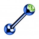 Piercing Langue Acier 316L Anodisé Bleu Foncé avec Strass Vert
