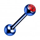 Piercing Langue Acier 316L Anodisé Bleu Foncé avec Strass Rouge