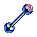 Piercing Langue Acier 316L Anodisé Bleu Foncé avec Strass Rose