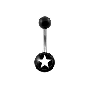 Black Acrylic Belly Bar Navel Button Ring w/ White Star