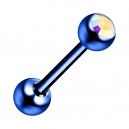 Piercing Langue Acier 316L Anodisé Bleu Foncé avec Strass Multicolore